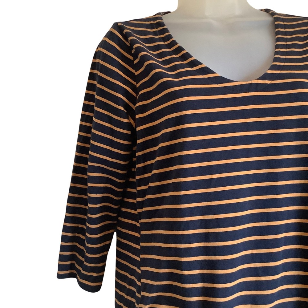 J. Jill Forward Seam Tee Navy Blue Mustard Yellow Striped V-Neck Top Petite S